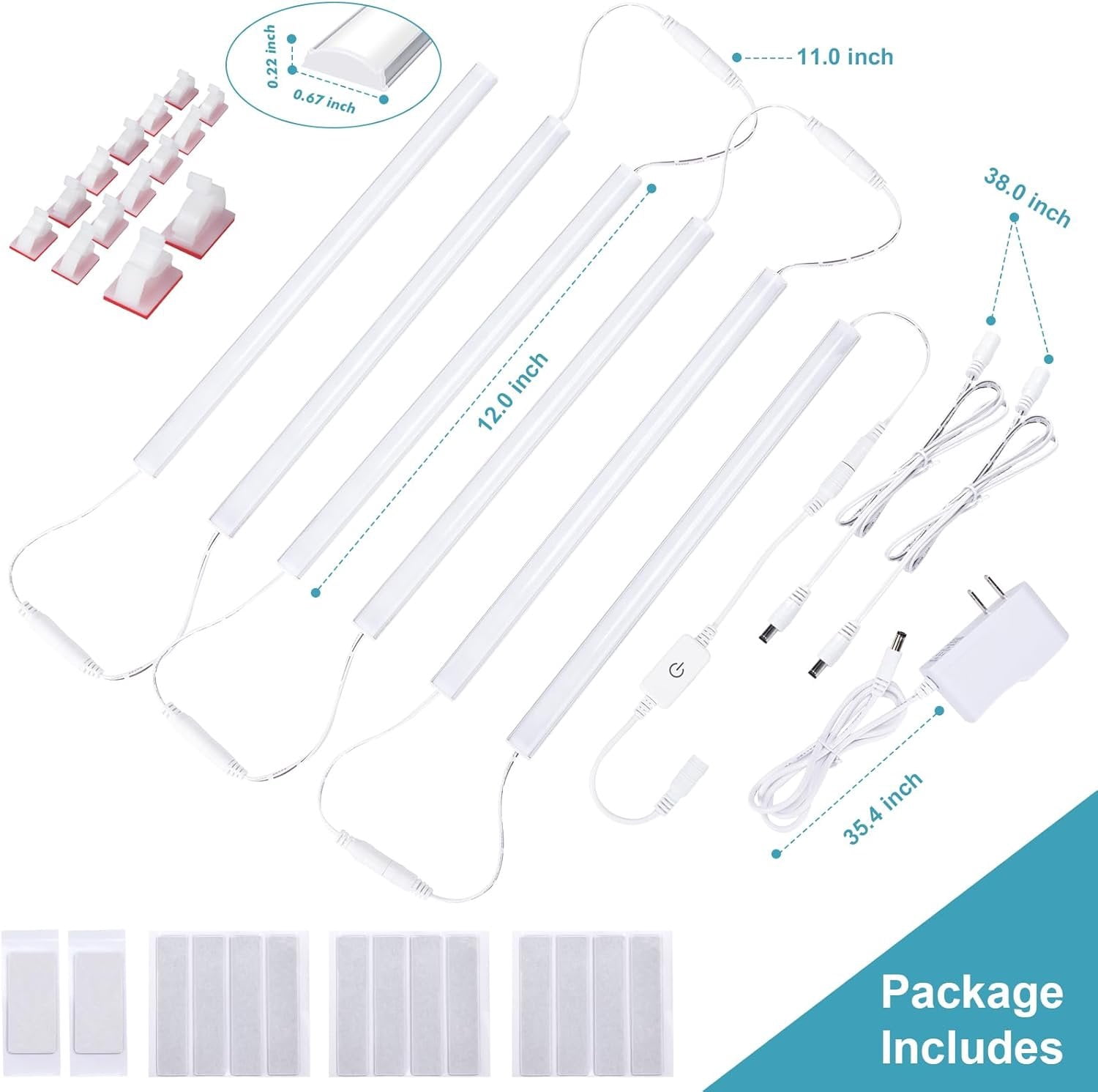 Plug-in Under Cabinet Lights  White 4000K, Dimmable LED Under Cabinet Lighting, 6 count x 12 Inch Under-Counter Light Fixtures with Memory Function, Under Counter LED Lights for Kitchen