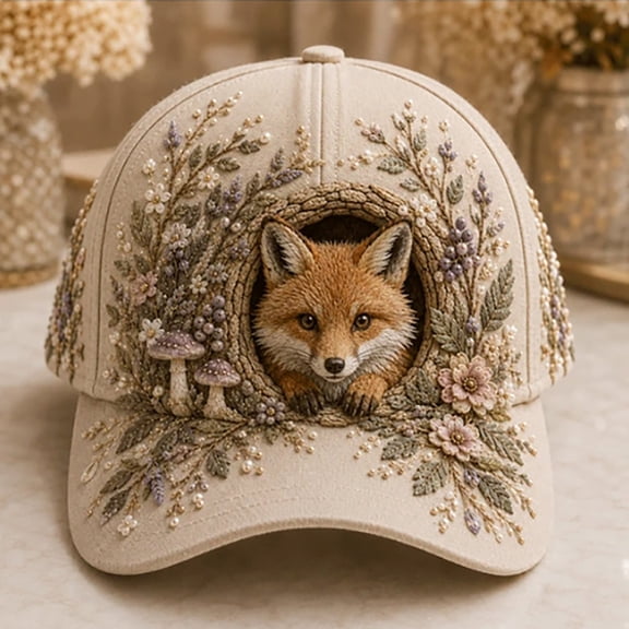 3D Animal Creatures Embroidery Cap, Adjustable Cotton Baseball Cap, Raised Embroidered Animal Hat for Hiking Travel(Fox)