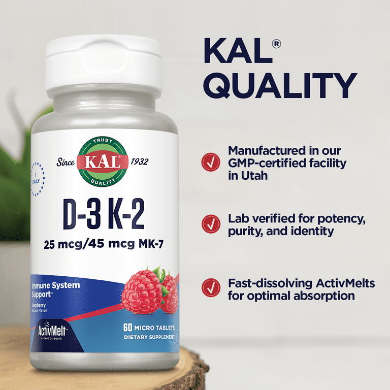 KAL D-3 and K-2 ActivMelt | Healthy Bones, Heart & Immune Function Support | Instant Dissolve Tabs | Natural Red Raspberry Flavor | 60 Micro Tablets