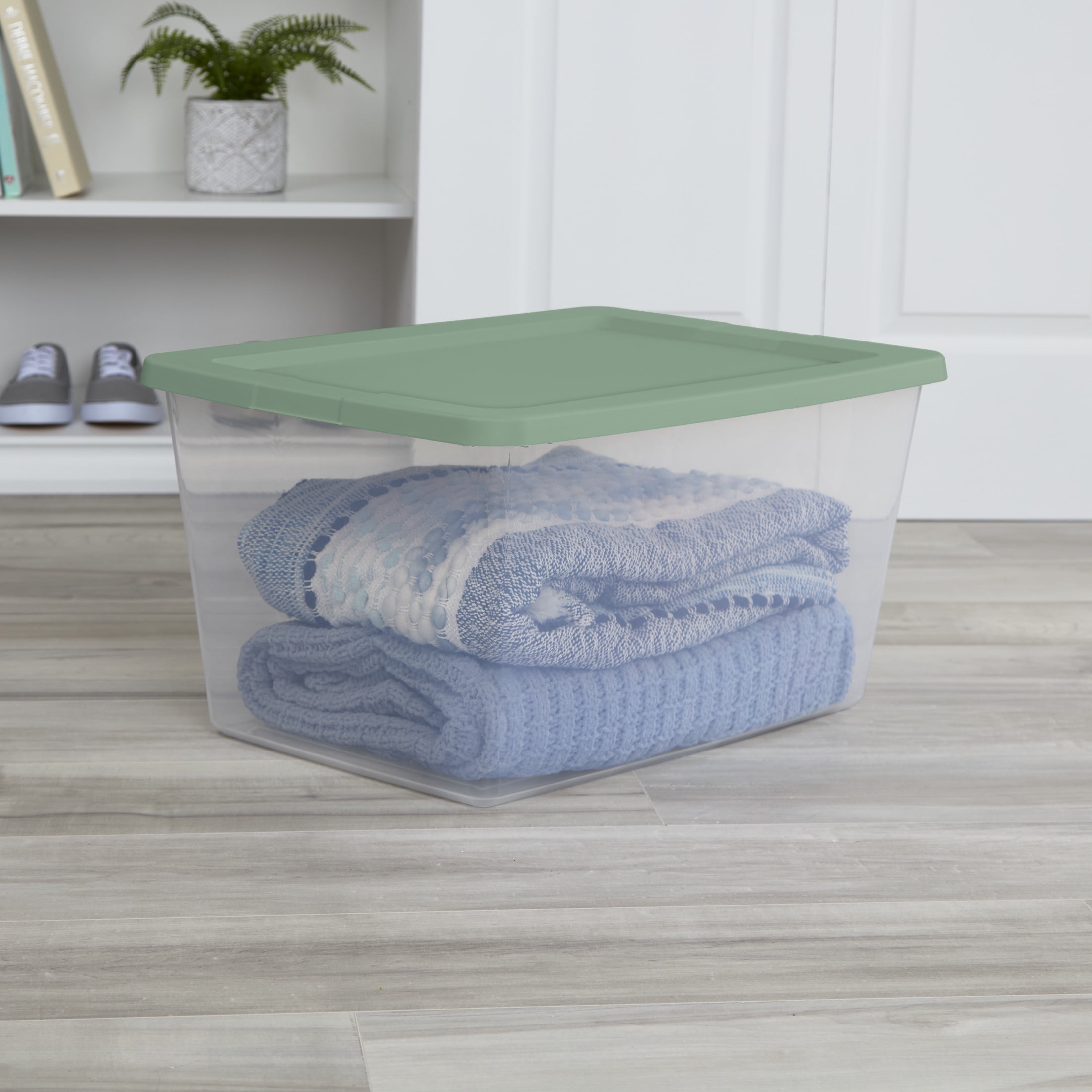 Sterilite Storage Bin, 58 Quart Clear Plastic Storage Container with Snap-On Lid, Green Sage, 8 Pack