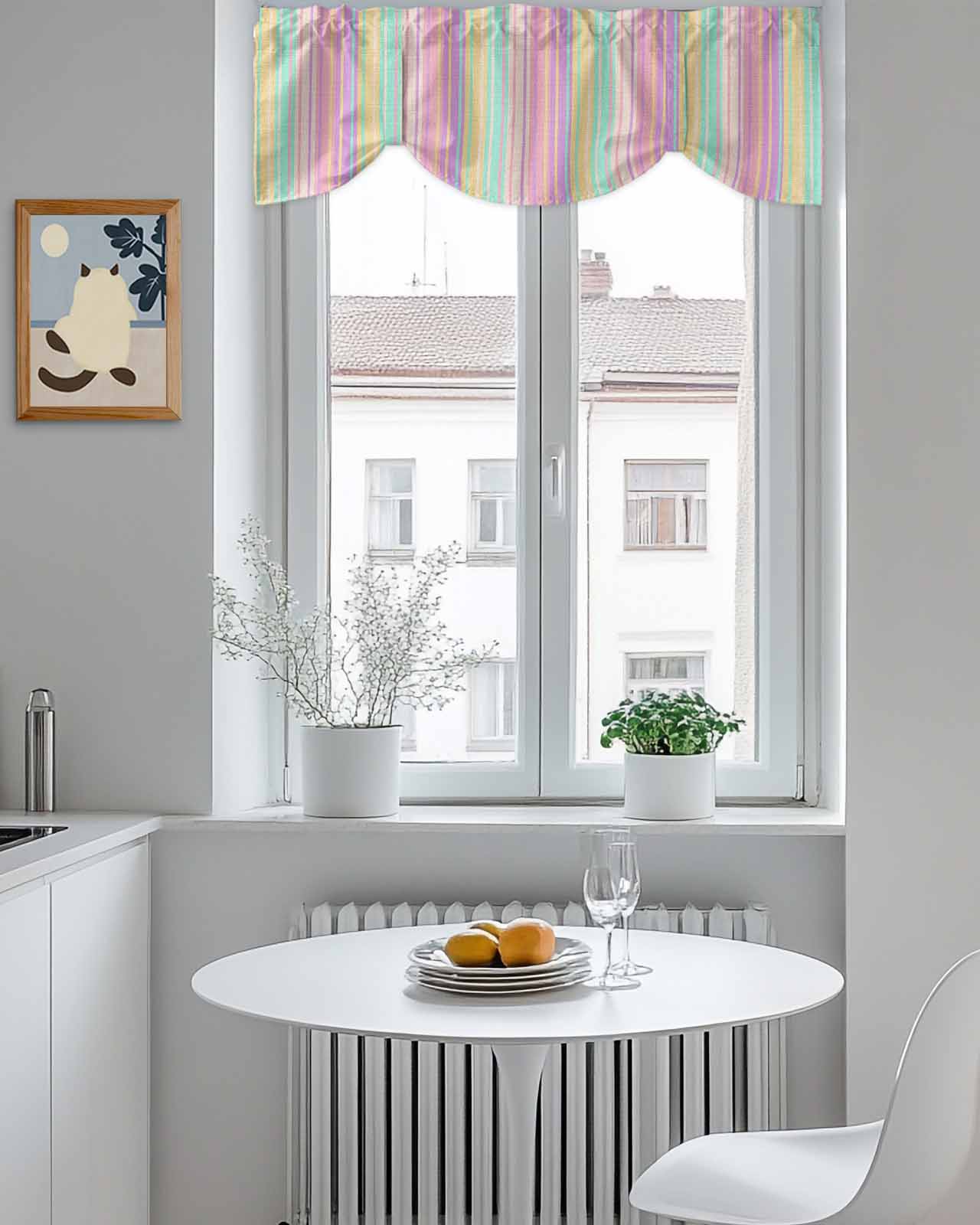 Colorful Striped Tie Up Valances Curtain, Yellow Stripe Vintage Linen Texture Kitchen Valances for Windows Decor, Rod Pocket Short Curtains Set for Bedroom/Bathroom, 60"x18"