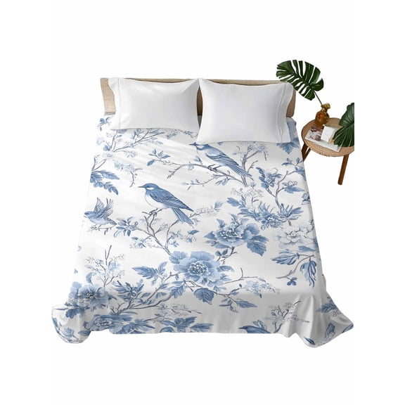 Twin XL Size Flat Sheet Only, White Blue Spring Floral Soft Brushed Microfiber Bed Sheets, Summer Birds Botanical Hotel Quality Breathable Bedding Top Sheet, Easy Care, 66"x102"