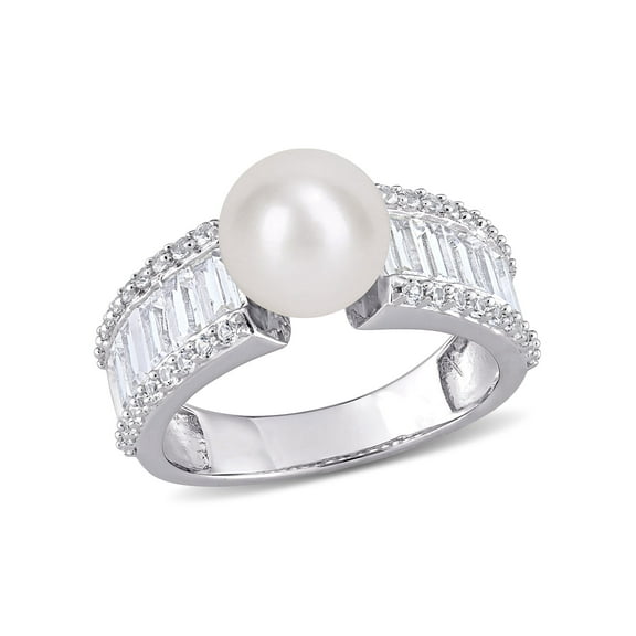 Everly Women's Cultured Pearl and Created Sapphire Sterling Silver Ring