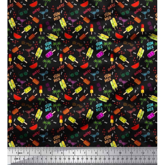 Soimoi Crepe Silk Fabric Watermelon,Ice Cream & Cocktail Summer Designs Printed Fabric 1 Yard 42 Inch Wide