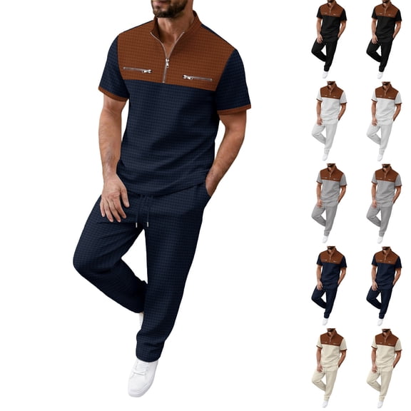 mihongmao Summer 2 Piece Lounge Set Men Jogger Sets Henley Shirts Men's Color Blocked Short Sleeved Stand Up Collar Zipper Pocket T-shirt Straight Leg Pants Set Navy S