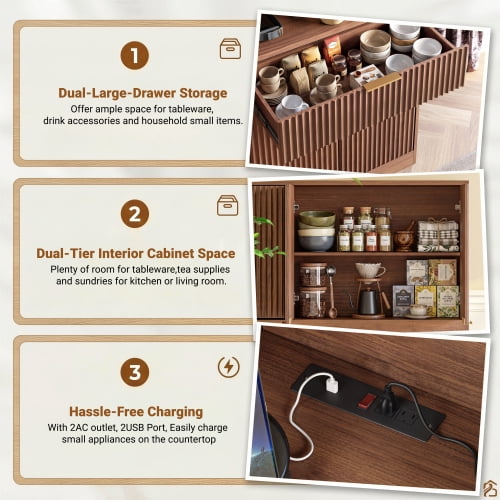 71" Tall Kitchen Pantry Cabinet with Power Outlet and Open Countertop, Modern Multi-Functional Storage Hutch Cabinet for Dining Room, Entryway and Living Room, Walnut