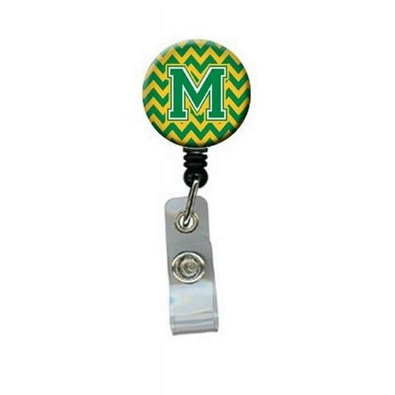 Carolines Treasures CJ1059-MBR Letter M Chevron Green & Gold Retractable Badge Reel