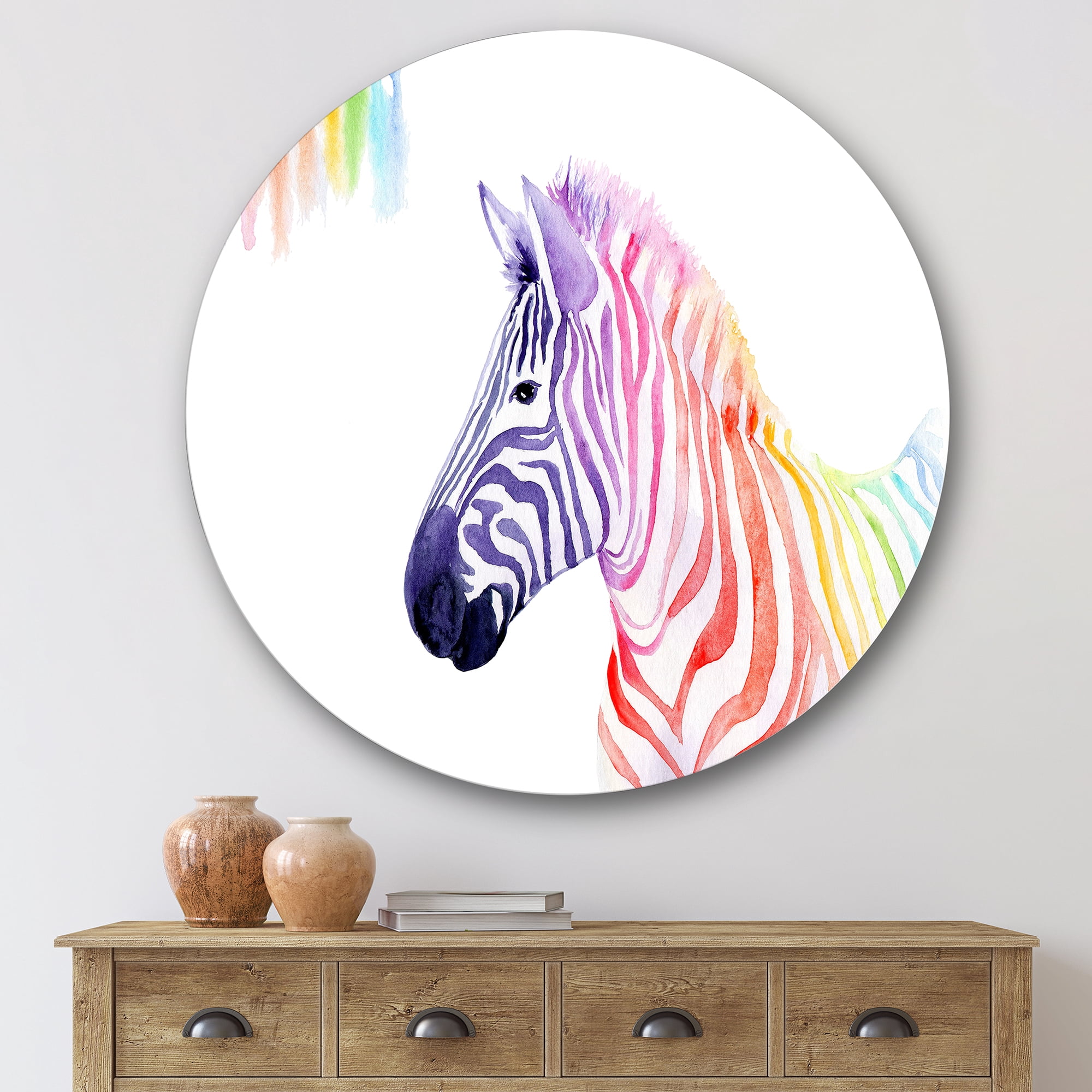 Designart 'Portrait of Rainbow Zebra On White' Farmhouse Circle Metal Wall Art 29x29 - Disc of 29