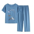 thumbnail image 3 of BiZtdJrK Linen Pajamas Sets for Women 2025 Trendy Printed 2 Piece Outfits Casual Round Neck Tee Shirts and Pants Sleepwear Lounge Set Prime Sales of The Day Blue XL, 3 of 4