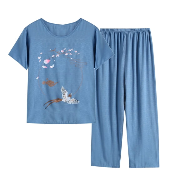 HomeGardon Women's Sleepwear Ladies Pajamas Sets Plus Size,Women's Summer Two Piece Set Short Sleeve Round Neck Pajama Set Printed Pants Set,XL-XXXXL