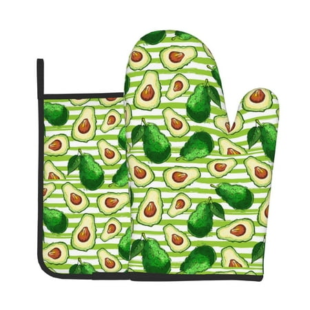 

Jgfou Avocado Green Striped Pattern Oven Mitts and Pot Holders Sets Heat Resistant Oven Mittens Soft Lining Extra Thicken Long Kitchen Cotton Oven Glove for Cooking