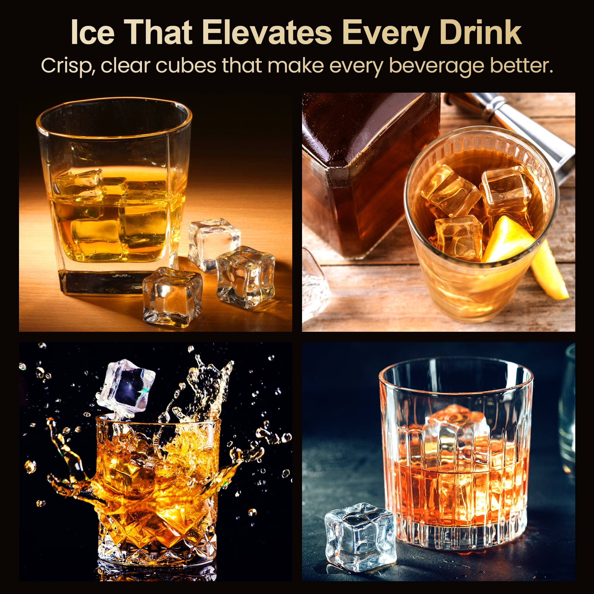 Sunvivi Clear Ice Maker for Home – Compact Countertop Ice Machine with 1.6" Square Ice Cubes, Self-Cleaning, LED Light & Timer, Portable Electric Ice Maker for Kitchen, Bar, RV, Black