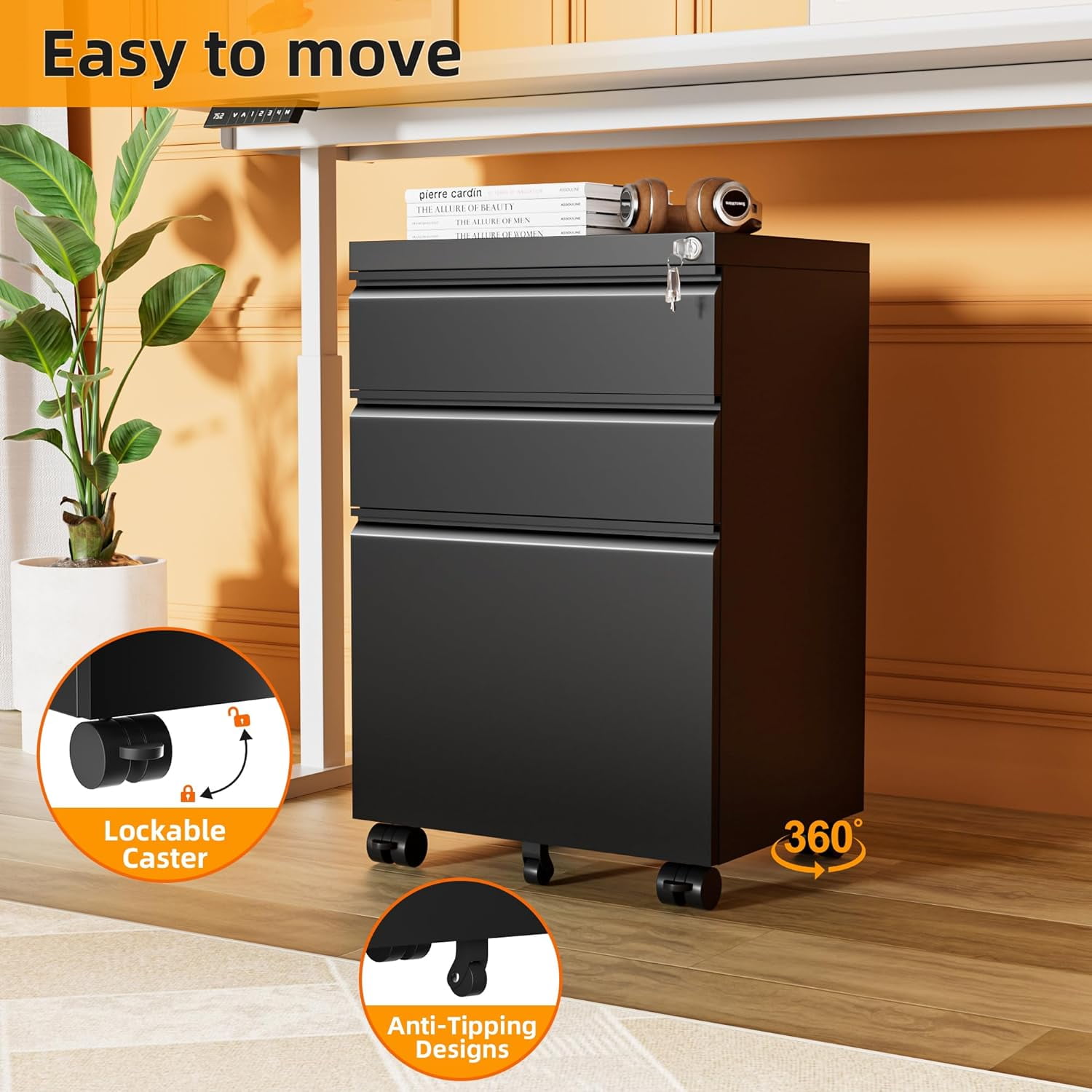 SOLAURA 3 Drawer Mobile File Cabinet with Lock & Wheels, Fully Assembled Rolling Filing Cabinet Except Casters, Under Desk Metal Storage for Office, Fits Legal/Letter/A4 Size(Assembled, Black)