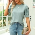 thumbnail image 3 of Mujeres Top corto puff manga redonda Masajeadores de cuello ahueca hacia fuera color puro señora camisa casual para el trabajo diario del verano verde S, 3 of 6
