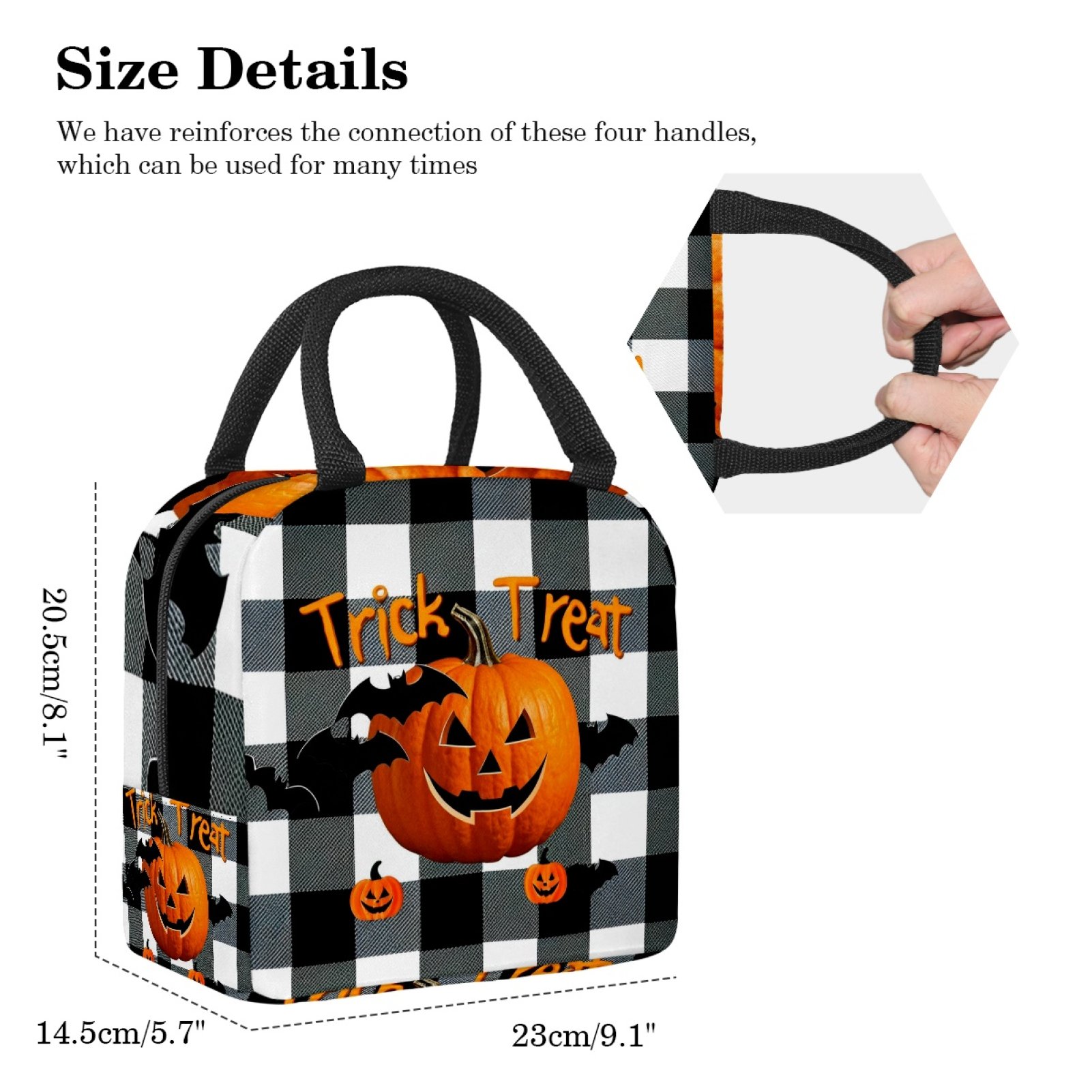 ERJLKXP Black and White Checkered Pumpkin Halloween Insulated Lunch Bags for Women and Men,Adult Reusable Lunch Tote Bag for Work,cooler bag