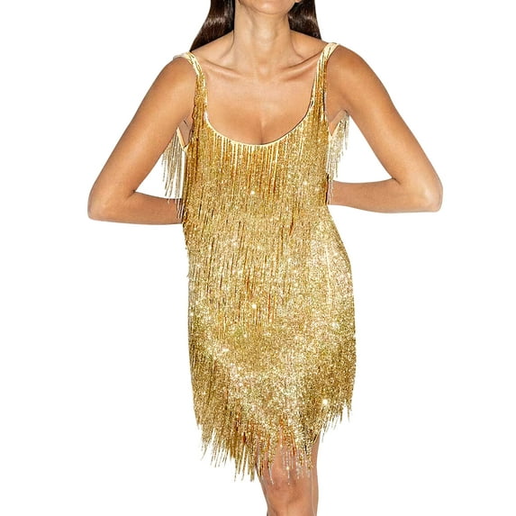 Xuanfei Women Solid Color Scoop Neck Fringed Backless Irregular Hem Mini Dress