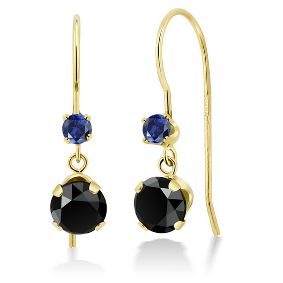 Gem Stone King 14K Yellow Gold Black Onyx and Blue Created Sapphire French Wire Dangle Hook Earrings for Women (1.05 Cttw, Gemstone December Birthstone, Round 5MM and 2.5MM)