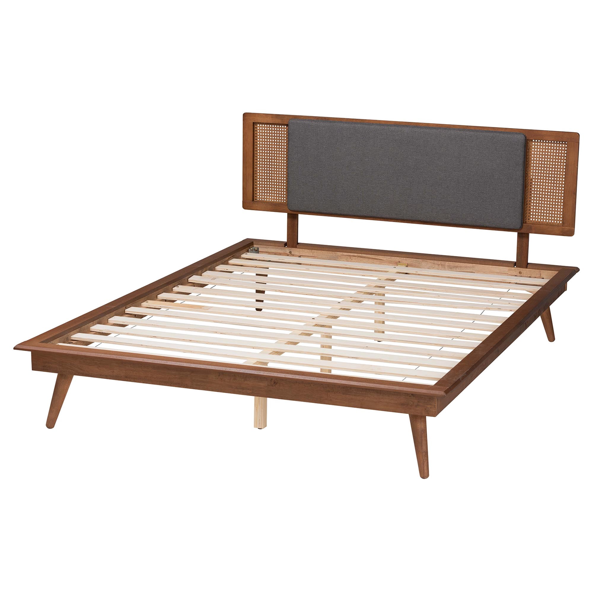 Baxton Studio Delfina Mid-Century Modern Dark Grey Fabric and Walnut Brown Finished Wood Queen Size Platform Bed