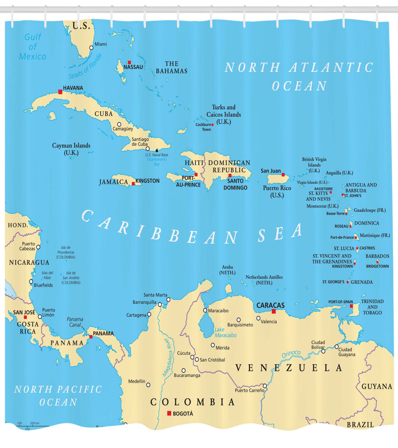 Wanderlust Decor Shower Curtain Set, Caribbean Political Map Capitals ...