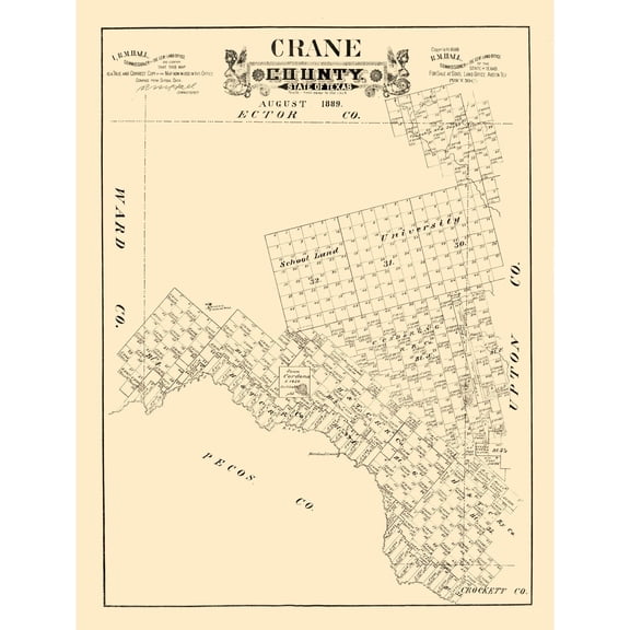 Historic County Map - Crane County Texas - General Land Office 1889 - Vintage Wall Art