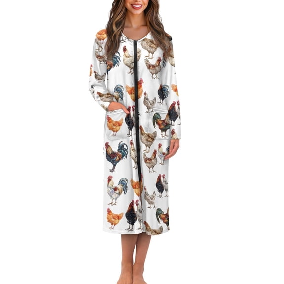 Yuyamidu Chicken Long Sleeve Zipper Bathrobe for Women After Shower Cock Crewneck Robes Dress Womens Lingerie Robes Sexy Long Dressing Gown Soft Nightgown Loungewear Size 2XL
