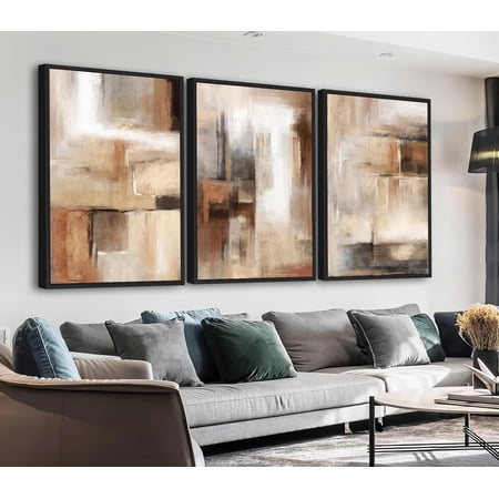 JANS.NO1 Large Canvas Wall Art - Brown and Beige Abstract Pictures for Living Room Vintage Wall Decor Retro Rustic Paintings Black Float for Bedroom Dinning Room 16" X 24" X 3 pcs