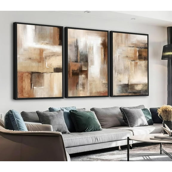 JANS.NO1 Large Canvas Wall Art - Brown and Beige Abstract Pictures for Living Room Vintage Wall Decor Retro Rustic Paintings Black Float for Bedroom Dinning Room 16" X 24" X 3 pcs