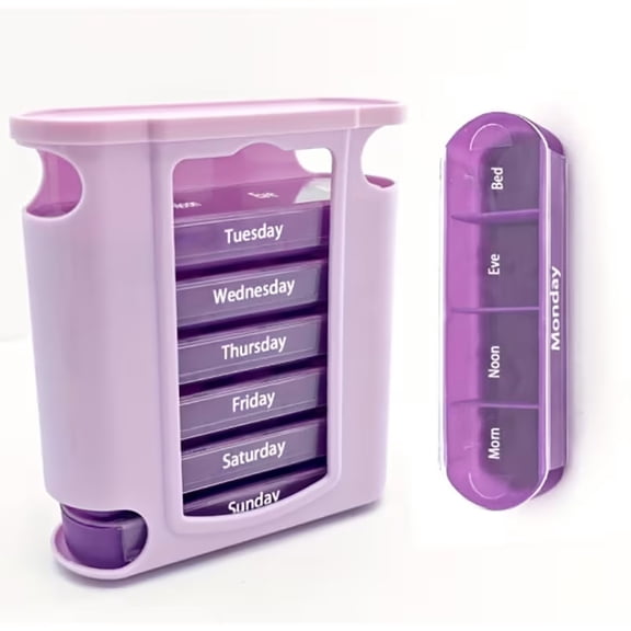 Full RS Weekly Stackable Home Pill Tray, 4 Times a Day 7 Compartments Organizer, Purple