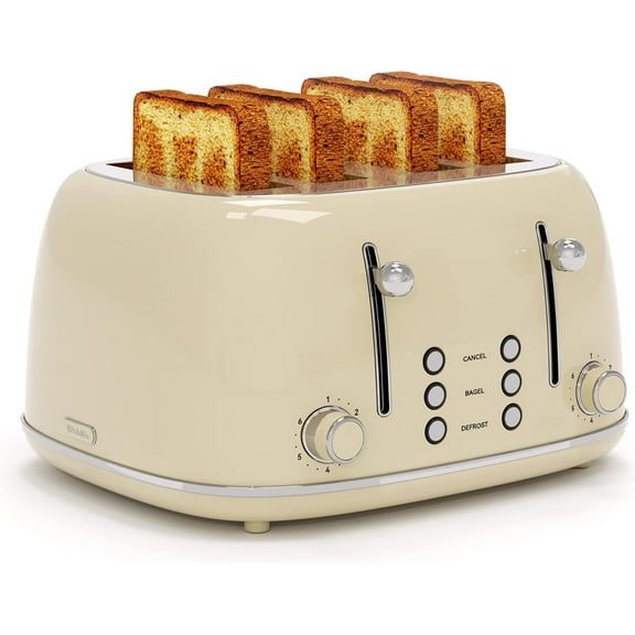 Toaster 4 Slice, Retro Stainless Toaster with 6 Bread Shade Settings,1.5''Wide Slots with Cancel/Defrost/Reheat Functions,Dual Independent Control Panel, Removal Crumb Tray (Black)