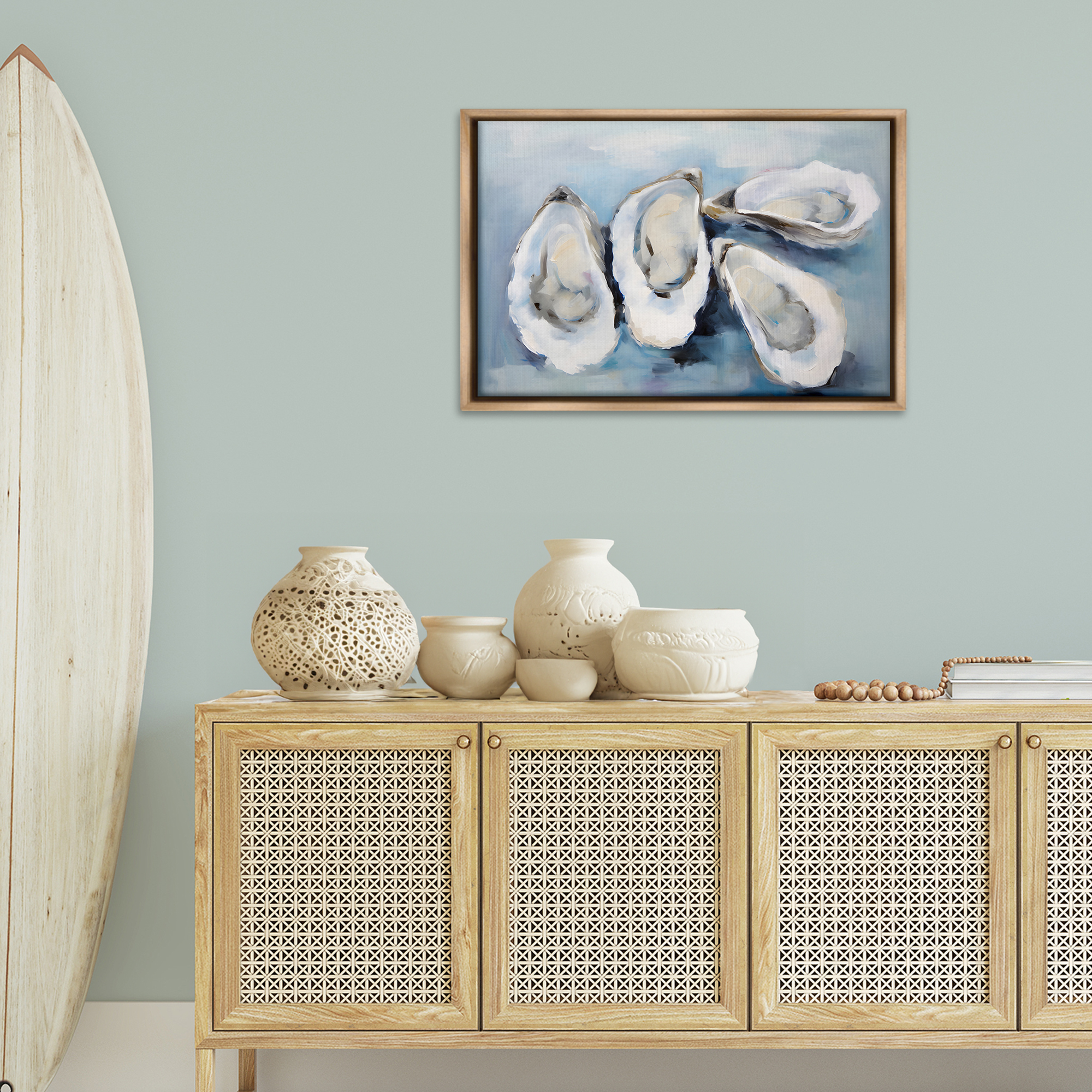 Stupell Industries Four Oysters Impression Nautical & Beach Painting Brown Floater Framed Canvas Art Print Wall Art, 31 x 21