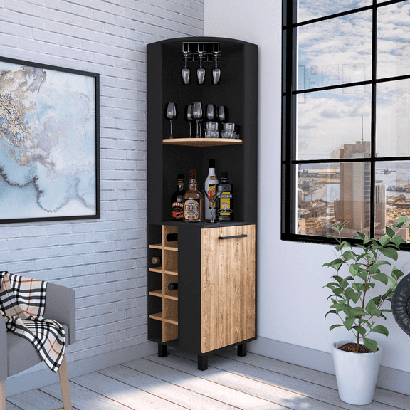 Newboti Furniture Kaia Corner Bar Cabinet, Two Shelves, Ten Built-in Wine Rack, Single Door Cabinet, Two interior Shelves, -Black / Pine 07673