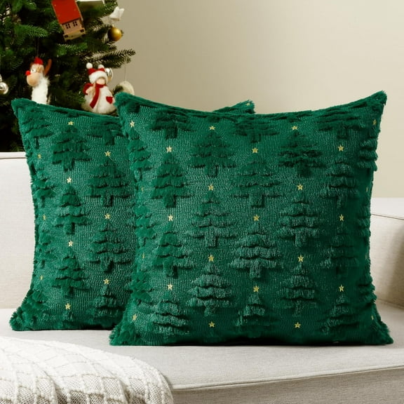 Softalker Christmas Pillow Covers, Decorative Xmas Tree Pillow Cases 18x18 Inch Set of 2, Faux Fur Soft Throw Pillow Covers for Couch, Sofa, Home, Living Room, Party Decor (Green)