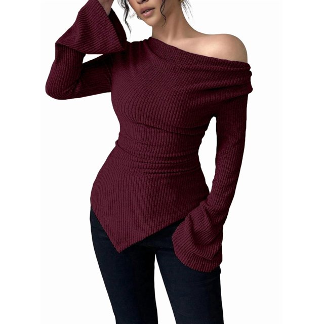 Women Long Sleeve Cowl Neck Ribbed Knit Fall Shirts Slim Fit Ruched Going Out Crop Tops Basic T-Shirts Wine Red XXL