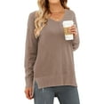 thumbnail image 3 of MOSHU V Neck Sweaters for Women Fall Lightweight Knit Pullover Sweater Side Slits Tops, 3 of 9