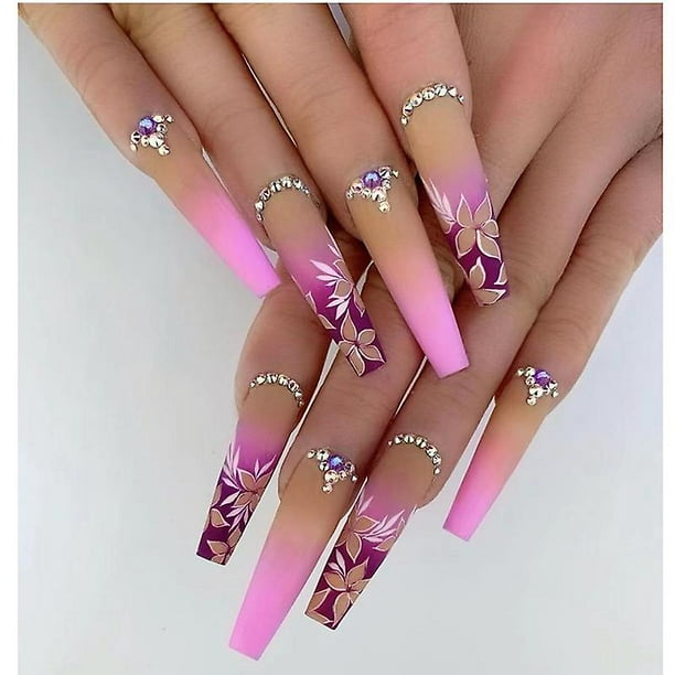 2023 Nuevas uñas postizas portátiles de Barbie, calcomanías para uñas de manicura portátiles con diamantes morados, calcomanías para uñas exquisitas extraíbles de alta gama (tipo pegamento)