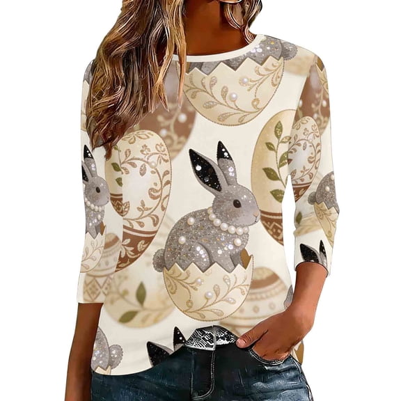 Staron Women's 3/4 Sleeve Shirts Casual Summer Tops Trendy Blouses Cute Easter Printed Round Neck Loose Button Up T-Shirts, Beige 3XL