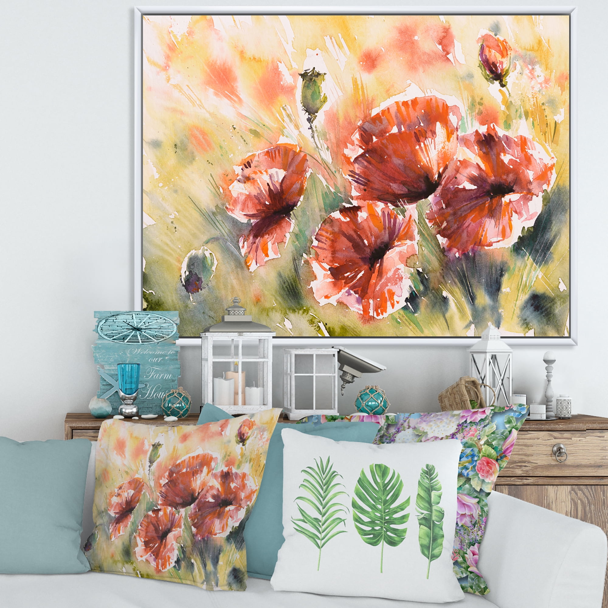 Abstract Red Poppy On A Field 40 in x 30 in Framed Painting Canvas Art Print, by Designart