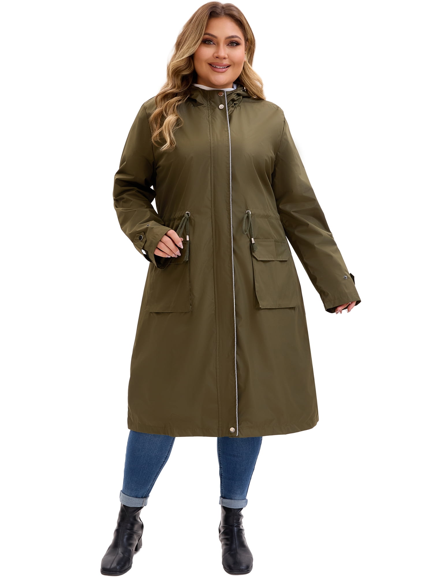 DARING DIVA Plus Size Hooded Long Drawstring Waist Zipper Jacket 3X Army Green