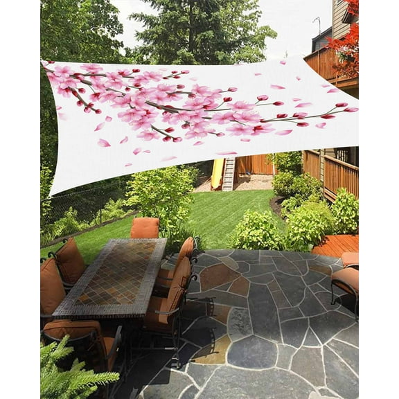 Sun Shade Sail 12x16Ft Spring Pink Cherry Blossoms Branches Uv Block Sunshade Canopy Outdoor Shade Cover Rectangle Shade Cloth For Patio Garden Yard Deck Pergola