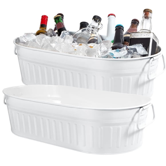 Lallisa 5.3 gallons Galvanized Beverage Tub Galvanized Bucket Metal Ice and Drink Bucket with Handles Tub for Parties Farmhouse Home Pool Bar(White,2