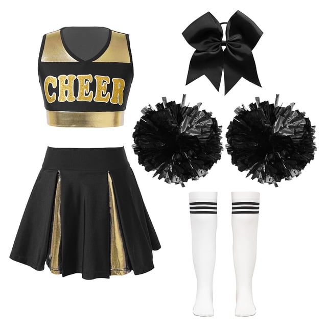 RUNQHUI Uniforme de Danse de Cheerleading pour Filles Enfants Tenue de Performance Déguisement Costume de Cheerleader A Blanc&Noir 10