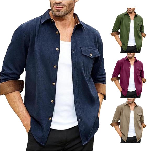 Zylarhe Mens Summer Shirts, Men Flannel Shirt Long Sleeve Casual Button Down Dress Shirts Big Work Shacket Jackets Navy L