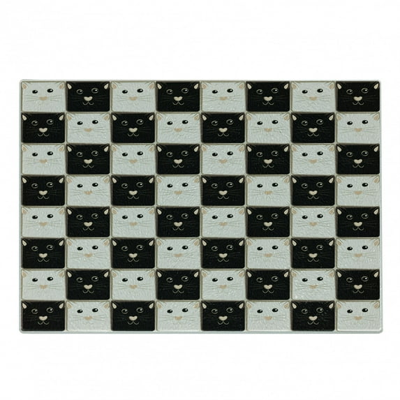 Checkers Game Cutting Board, Checkered Squares with Cat Faces in Classic Game Board Pattern, Decorative Tempered Glass Cutting and Serving Board, Small Size, Dark Brown Beige, by Ambesonne