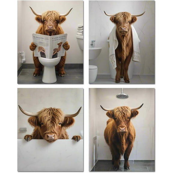 Funny Bathroom Wall Art Canvas Prints Highland Cow Art Posters,Farmhouse Bedroom Wall Deocr Western Animal Restroom Decorations Set of 4 (8"x10",Unframed)