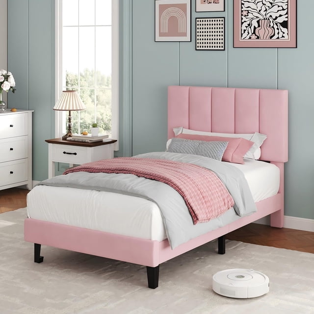 Yeshouse Estructura de cama individual, plataforma tapizada en terciopelo con cabecero ajustable con capitoné vertical, no requiere somier, fácil montaje, color rosa