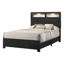 Benjara Yoh Queen Size Bed- Wood- Headboard with Lights and Shelves- Black