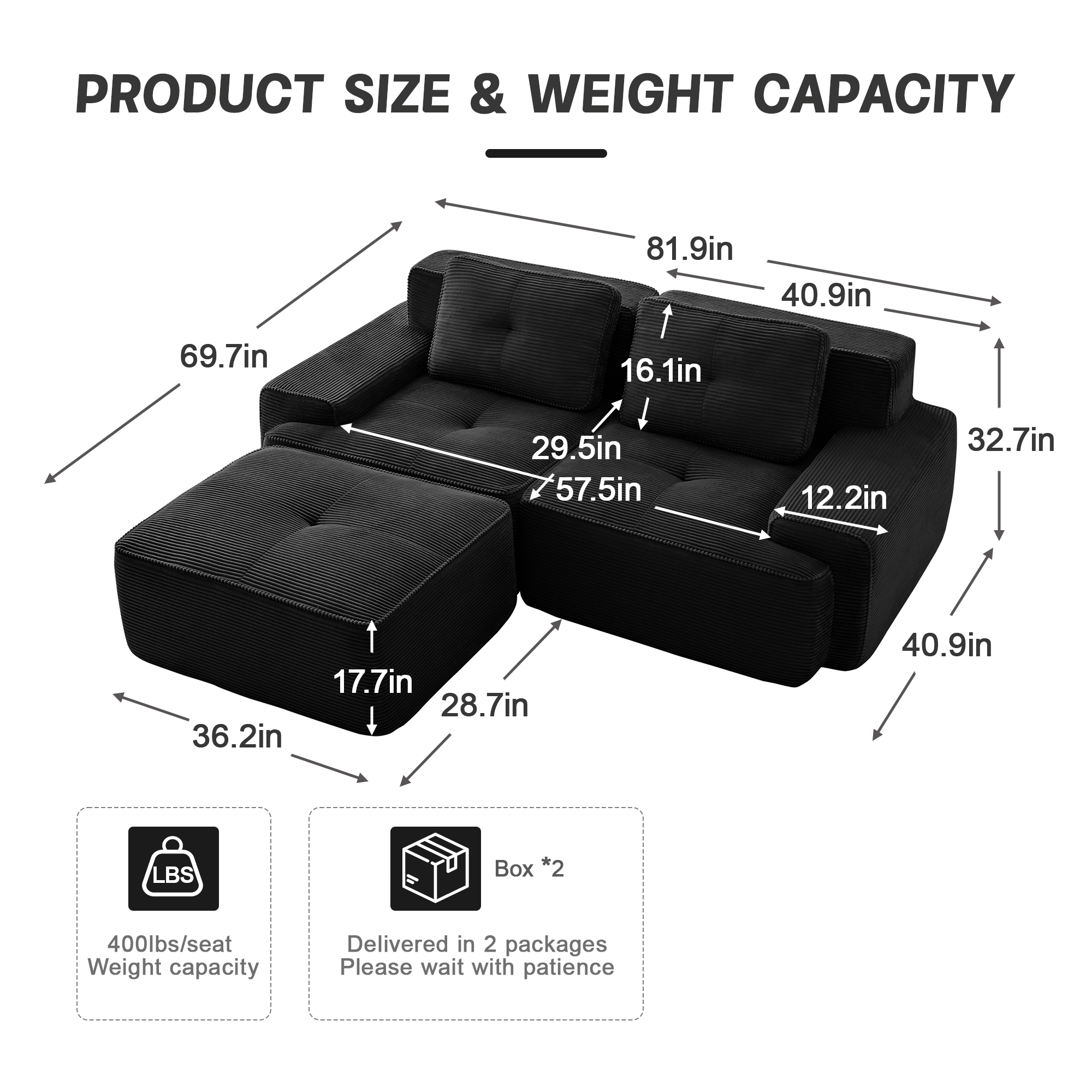 Yoneston 82" L-Shaped Modular Sectional Sofa 2 Seater Couch with Cushions and Ottoman, No Assembly Corduroy Loveseat Sofa for Living Room Bedroom Apartment, Black