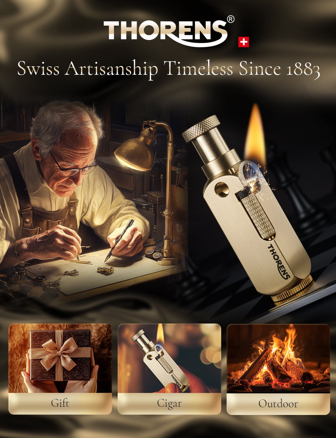 Classic Soft-Flame Windproof Retro Copper Kerosene Lighter, Refillable, Cigar, Side-Slide Grinding Wheel, Dual-Flame Jet, Sealed, Metal, Antique, Famous, Unique, Men's Gift, Thorens Flamido