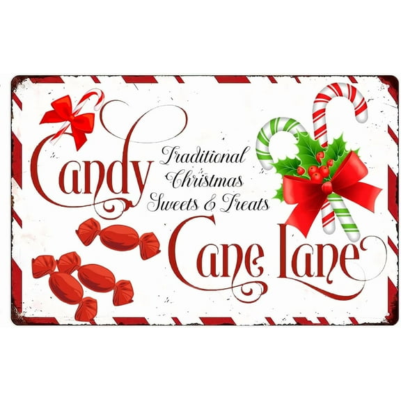 Christmas Tin Sign Candy Cane Lane Traditional Christmas Sweets & Treats Vintage Christmas Metal Signs for Home Kitchen Cafe Coffee Store Room Winter Decor Plaque 8x12 Inch 8x12 inch