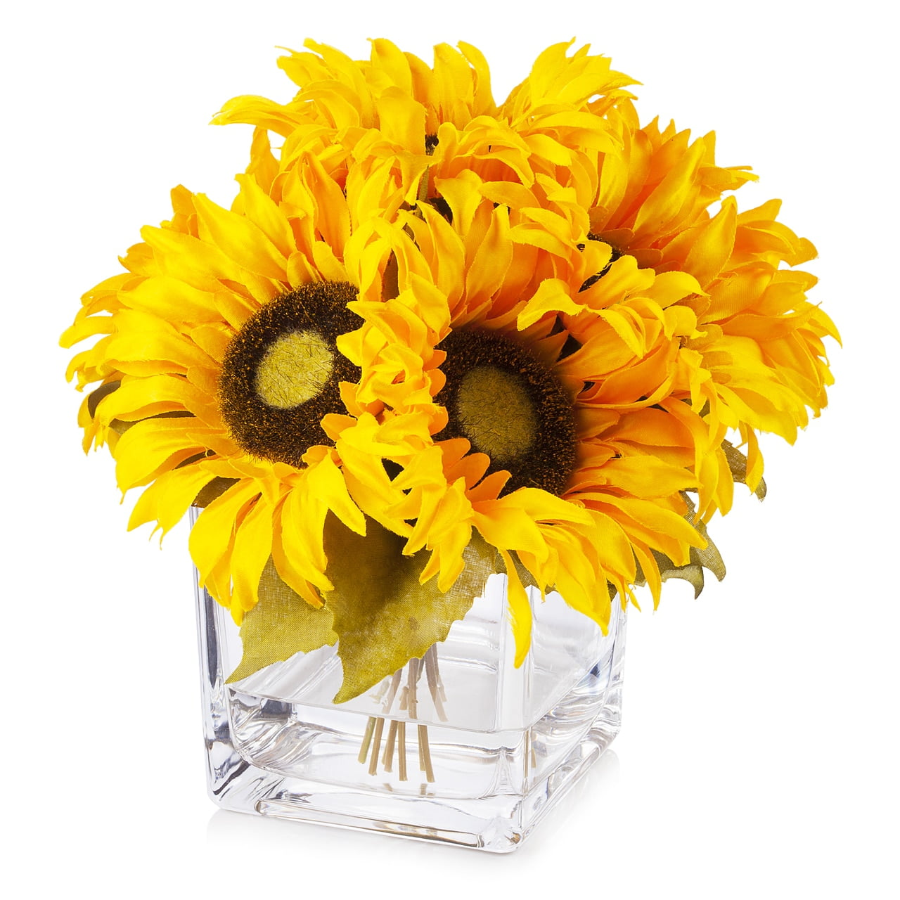 Enova Home Artificial 7 Heads Silk Sunflower Arrangement in Cube Glass Vase With Faux Water for